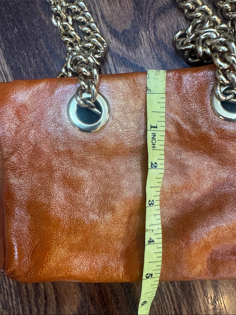 Henri Bendel Distressed Orange Leather Shoulder Bag with Gold Chain Straps - Picture 9 of 12